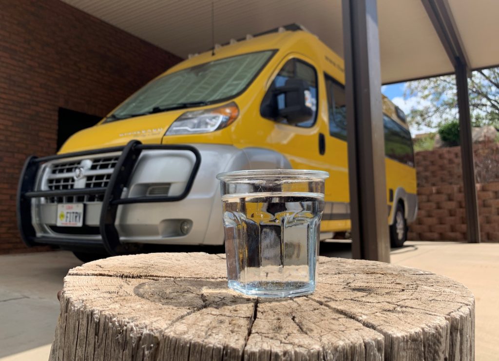 water glass in front of RV